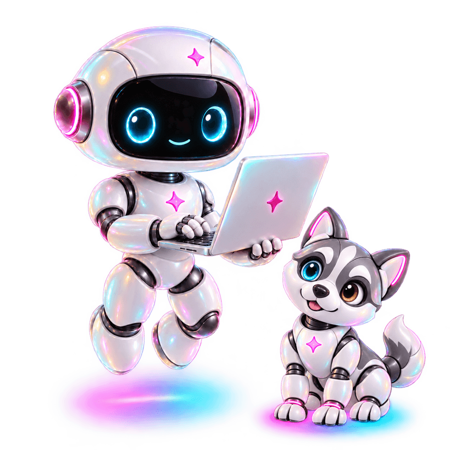 The Incuv8or robot working on a laptop, with a robot husky sitting beside it